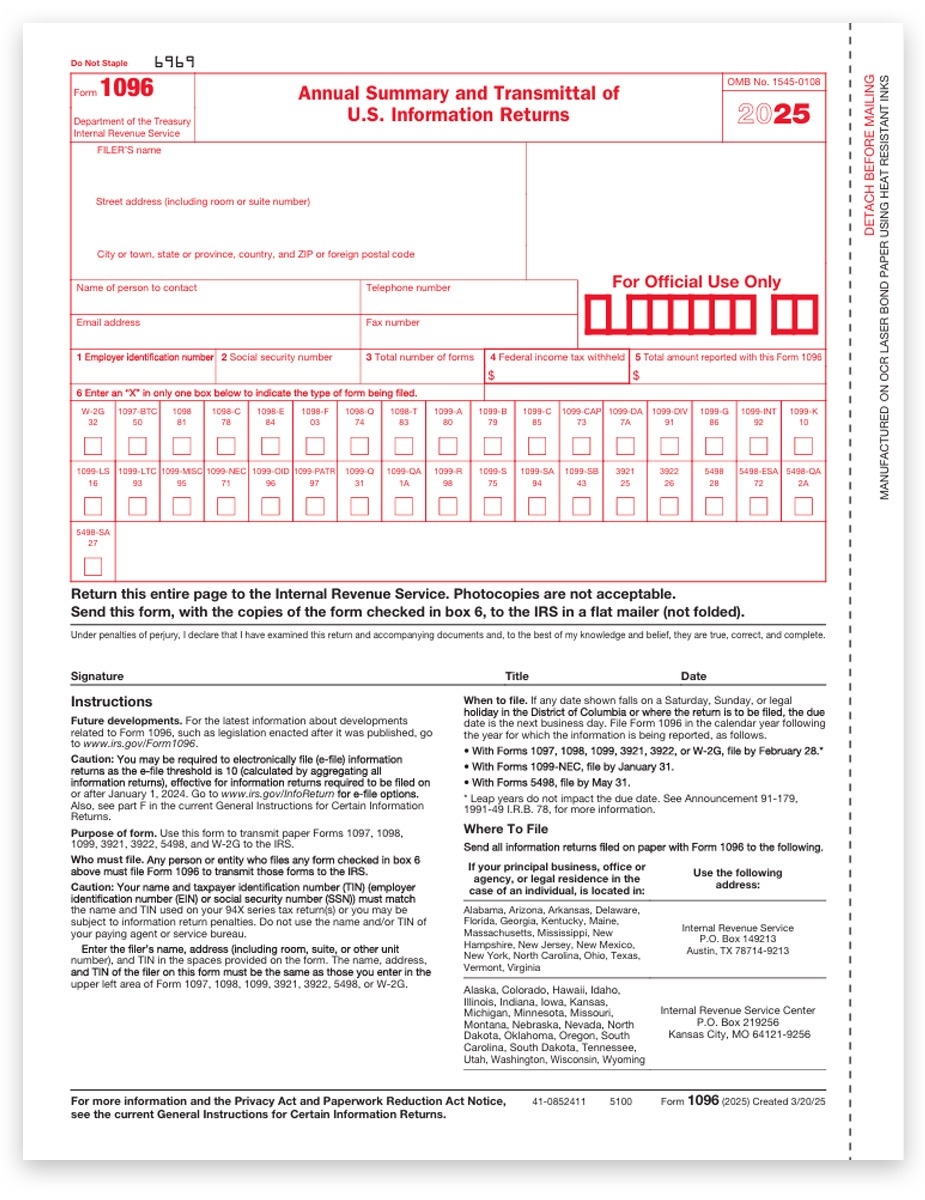 1096 Forms Summary amp Transmittal For 1099 Forms DiscountTaxForms