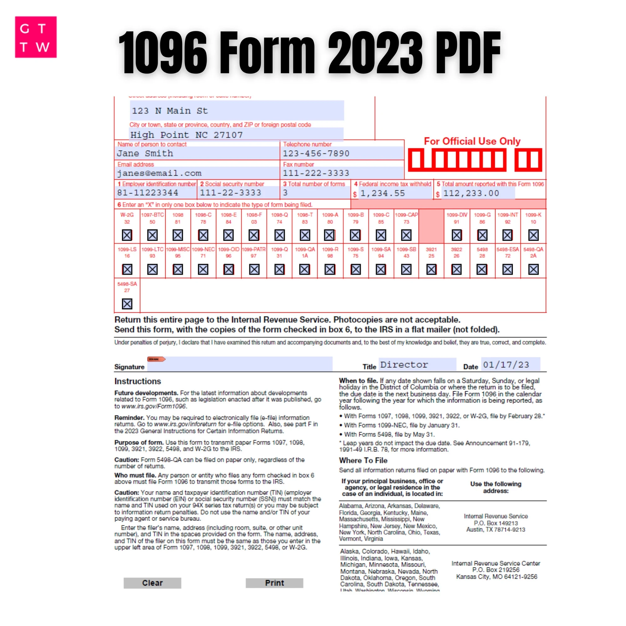 1096 IRS Form 2023 2024 Fillable Template digital Download Etsy