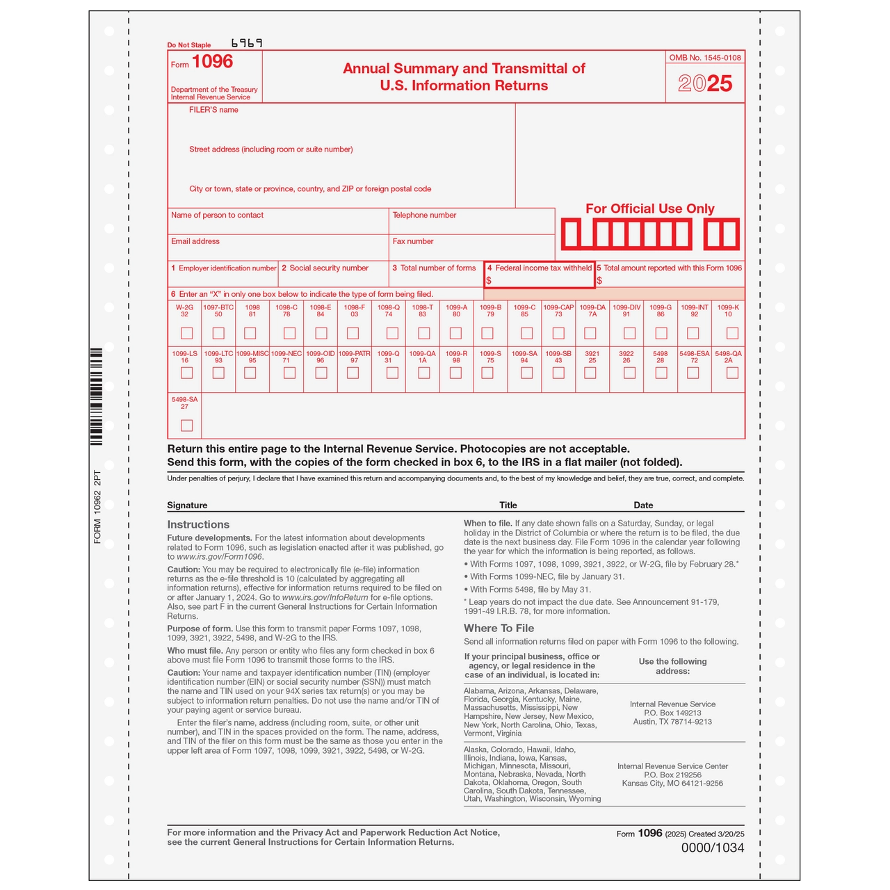 1096052 Form 1096 Transmittal Summary 2 part Carbonless 