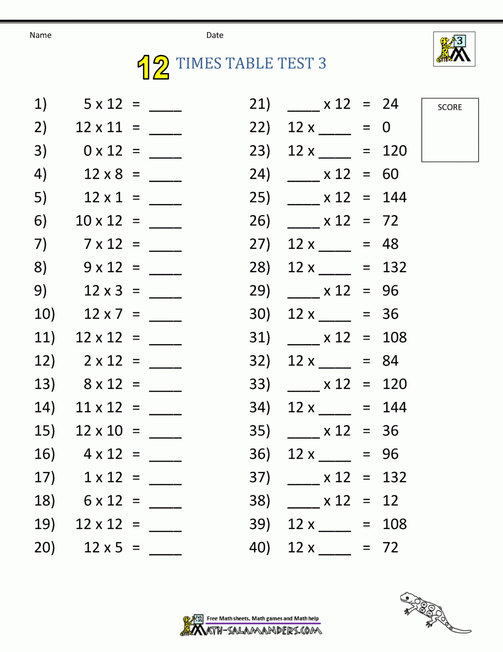 Printable Times Table Worksheets 1 12