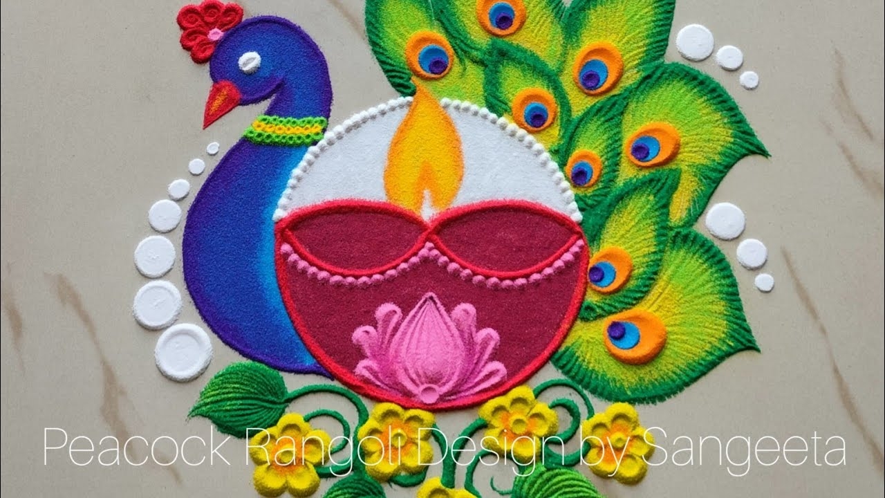 2 simple and beautiful peacock rangoli design with colours l rangoli by using coils l