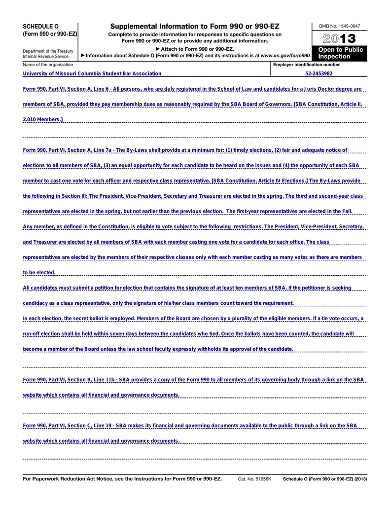 2013 Supplemental Information To Form 990 Or 990 EZ SCHEDULE O