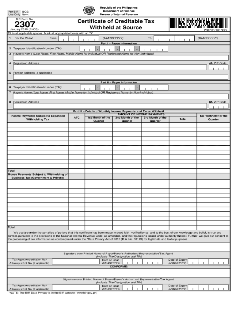 2018 2025 PH BIR Form 2307 Fill Online Printable Fillable Blank 