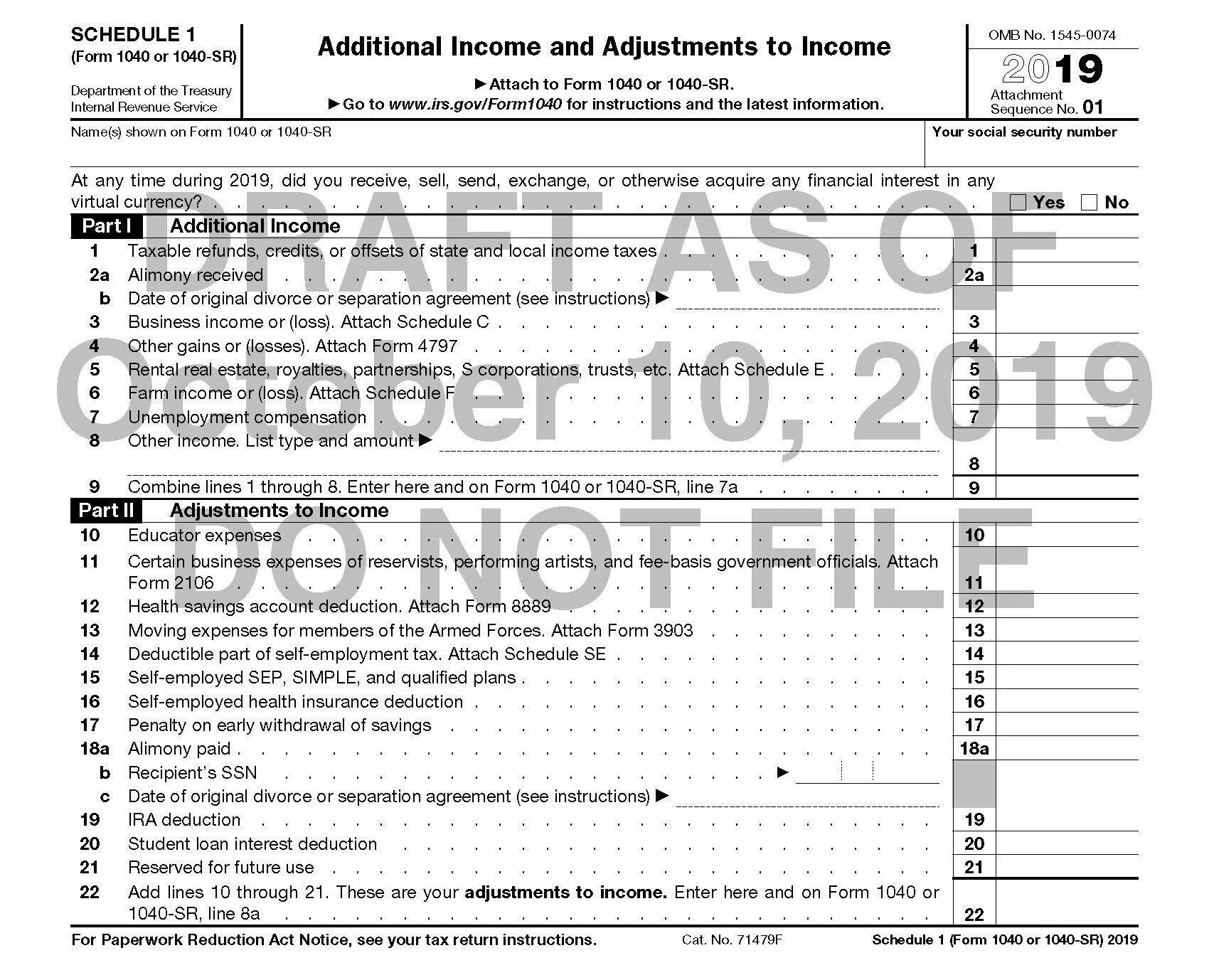 2019 Form 1040 Schedule 1 Will Ask Taxpayers If They Have Had 