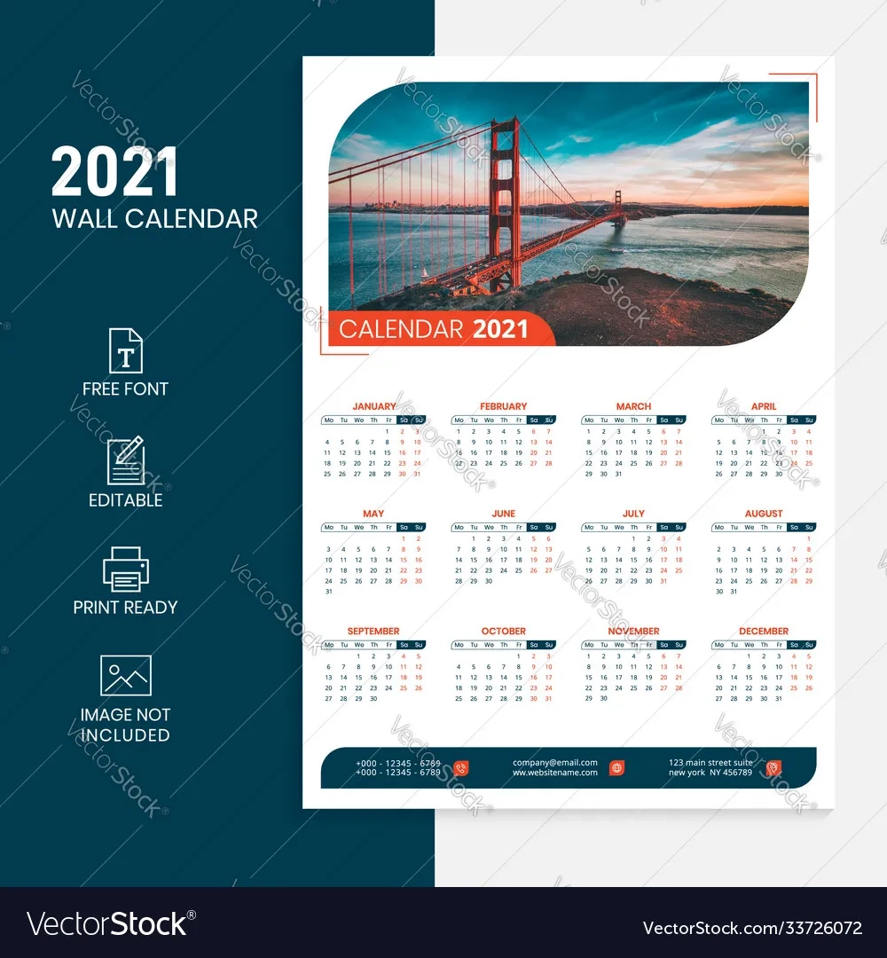 2021 Wall Calendar Template Royalty Free Vector Image