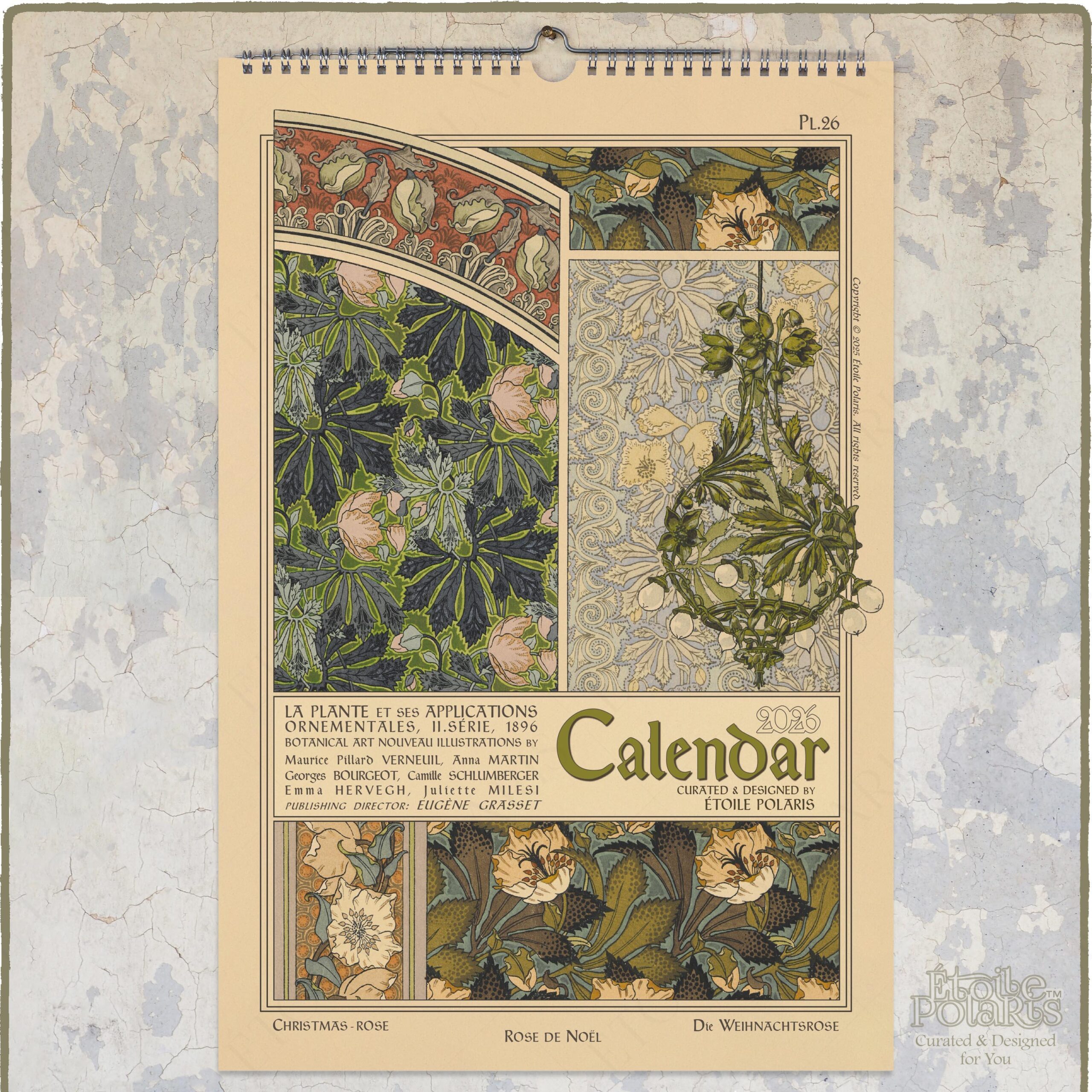 2025 2026 Botanical Calendar Art Nouveau Floral Wall Planner 