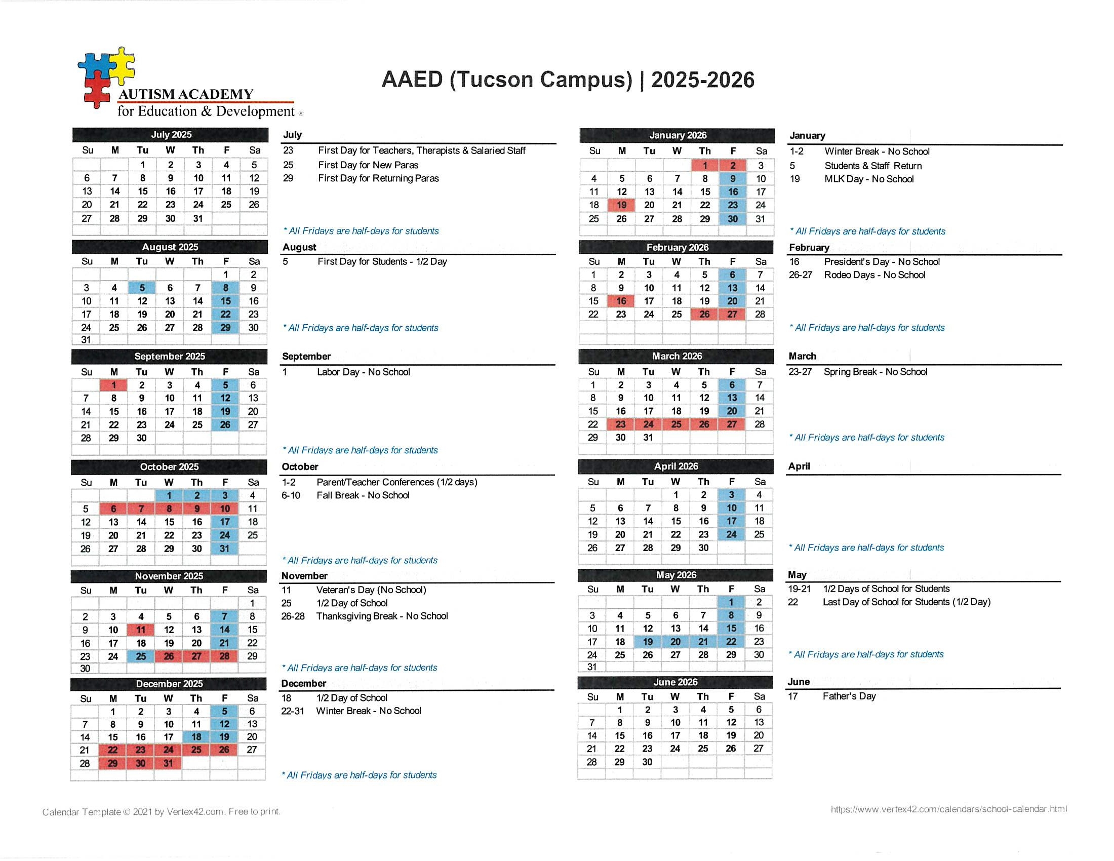 2025 2026 Tucson Campus Calendar
