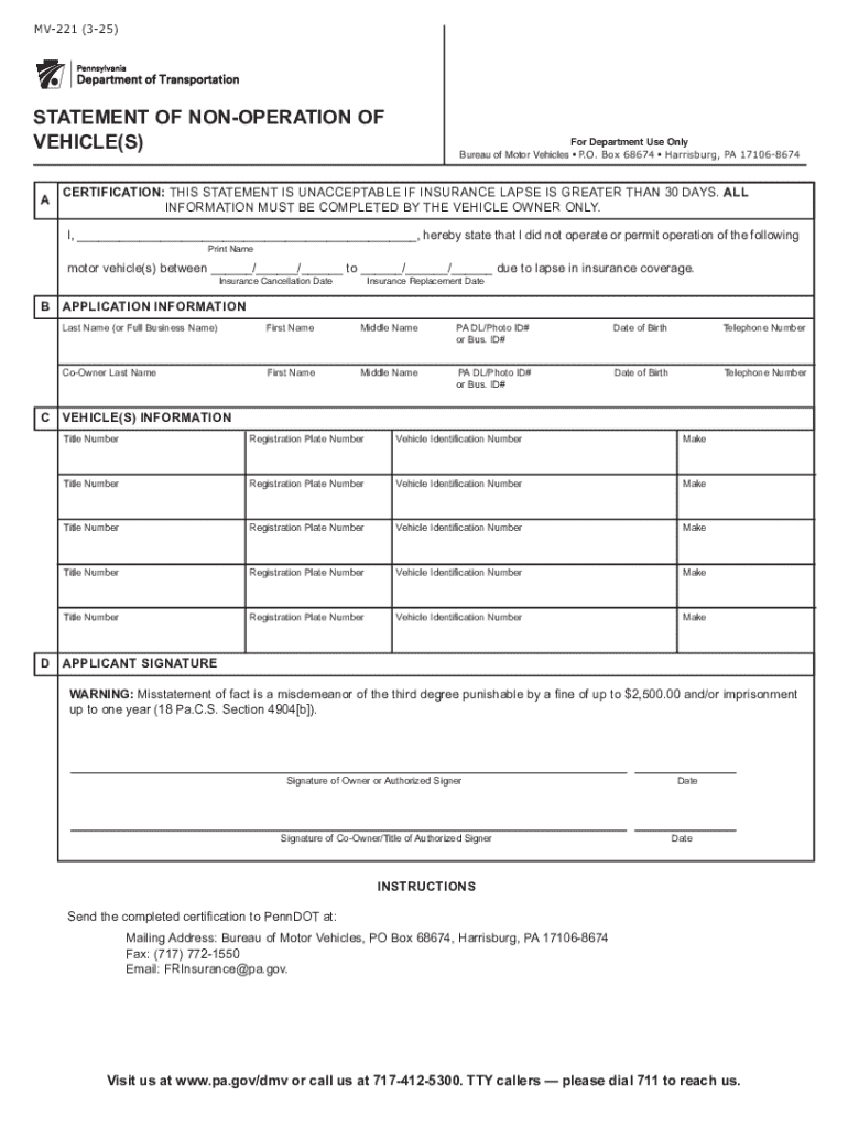 2025 Form PA MV 221 Fill Online Printable Fillable Blank 