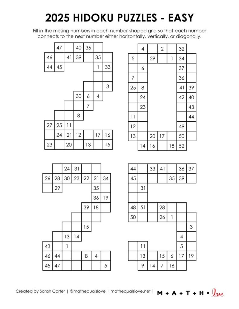 Printable Hidato Puzzles
