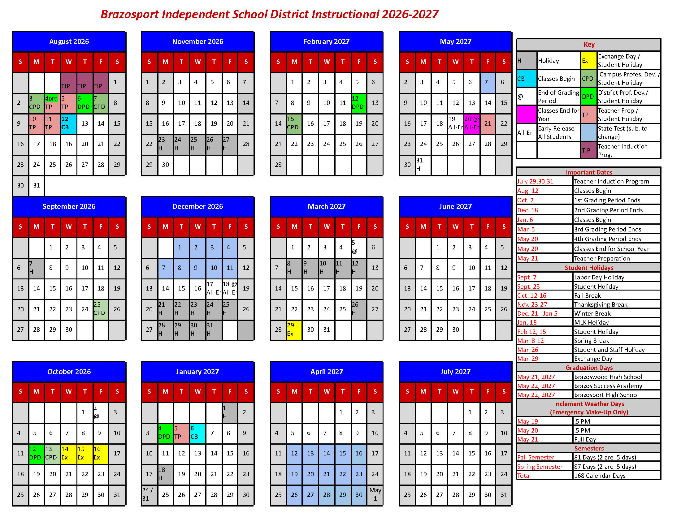 2026 2027 Calendar Brazosport Independent School District