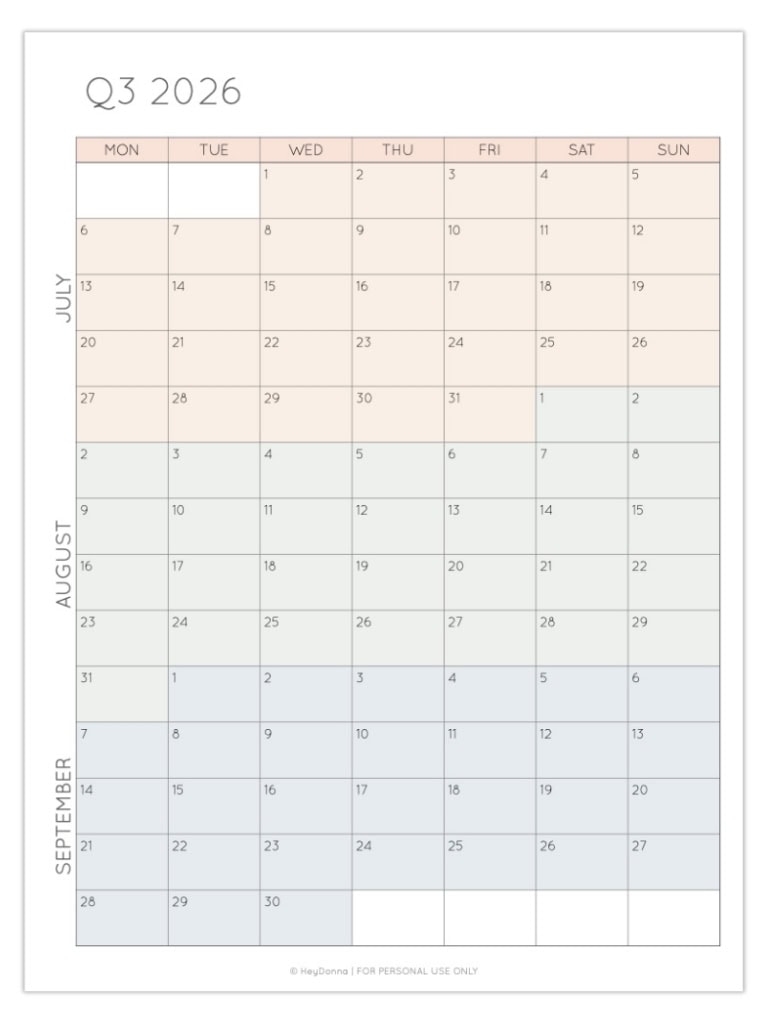 3 Month Calendar 2026 Printable Free