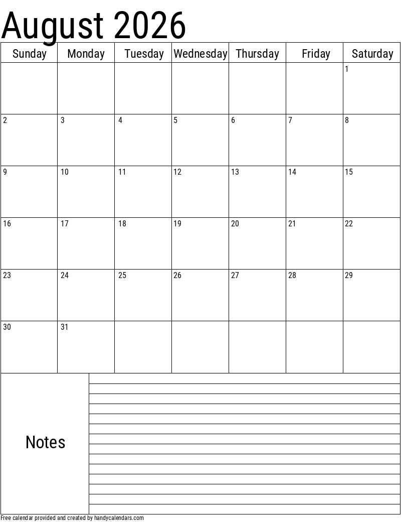 2026 August Calendars Handy Calendars