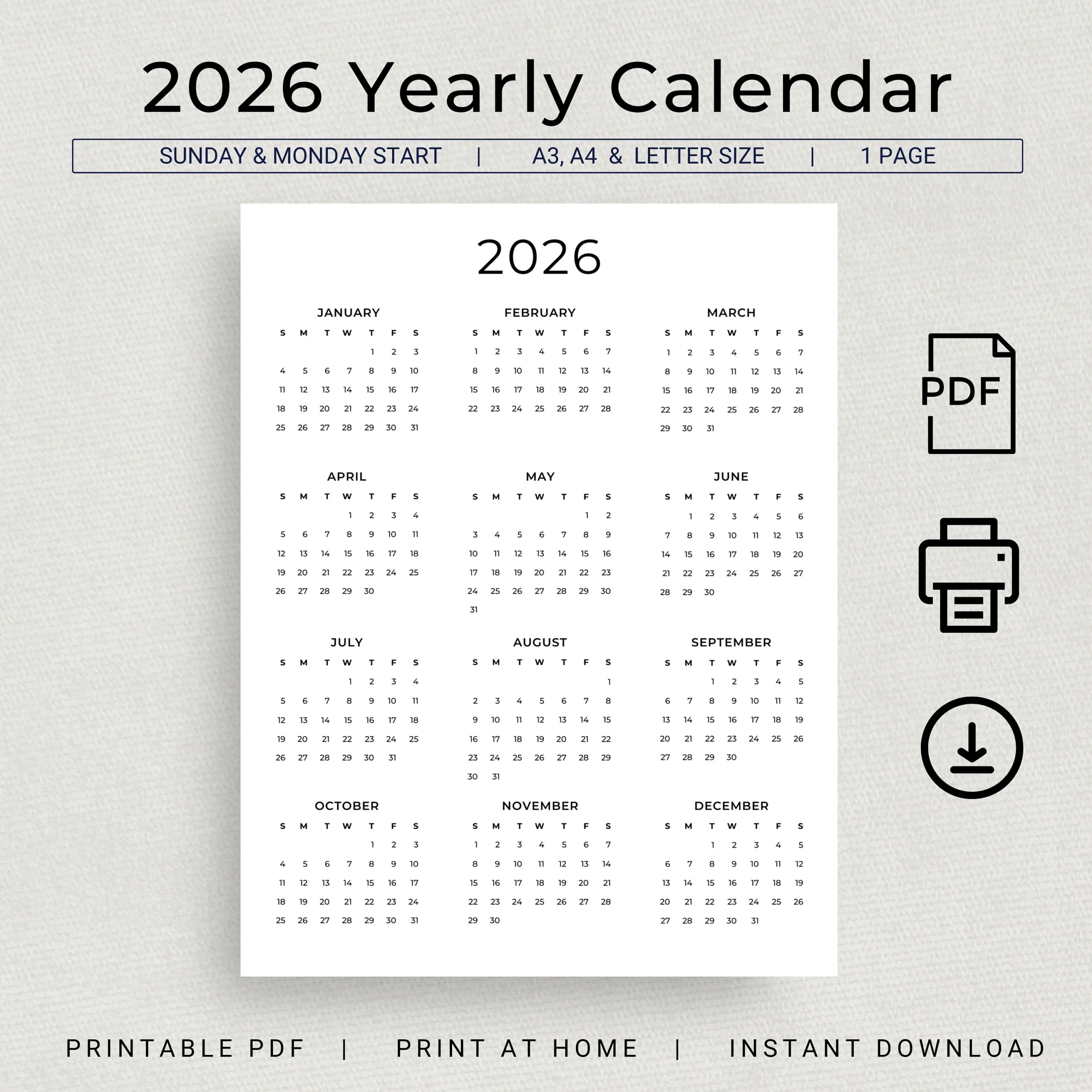 2026 Calendar 2026 Yearly Calendar Printable 2026 Wall Calendar 