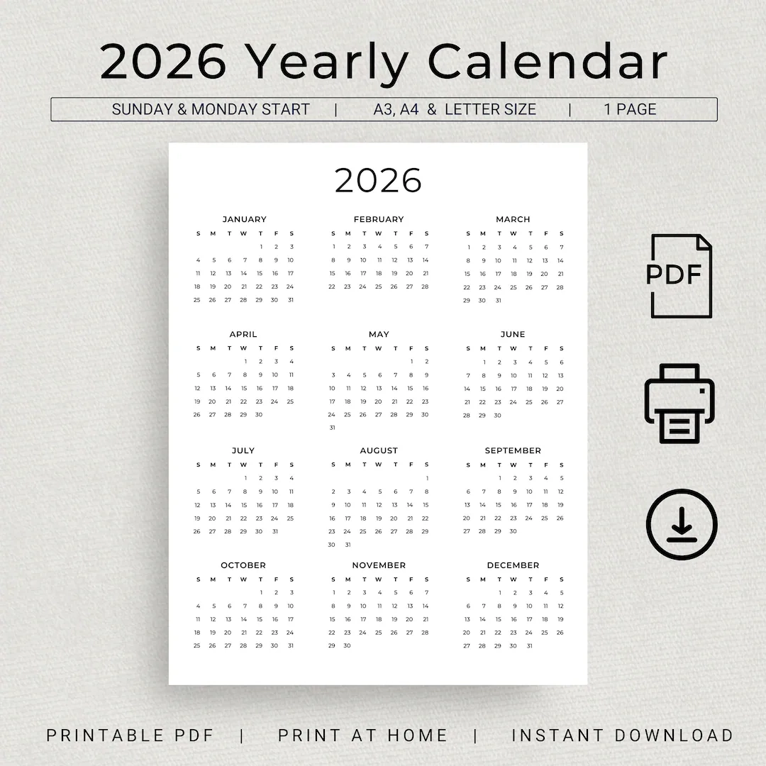 2026 Calendar 2026 Yearly Calendar Printable 2026 Wall Calendar 