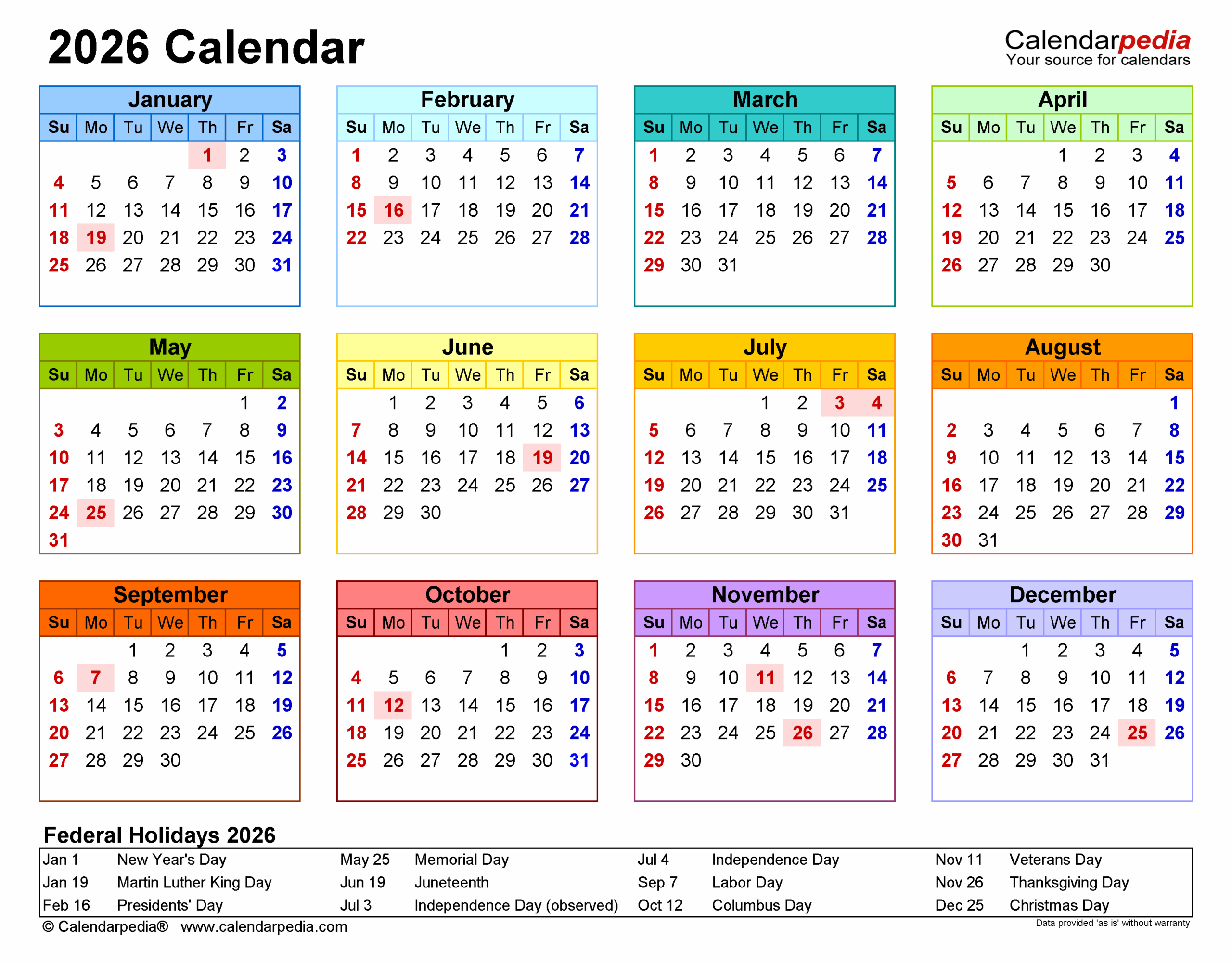 Free Printable Calendar With Holidays 2026