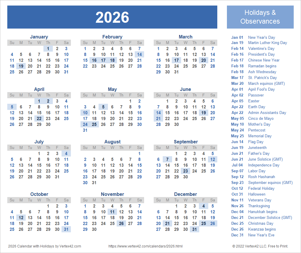 2026 Calendar Year Printable Free