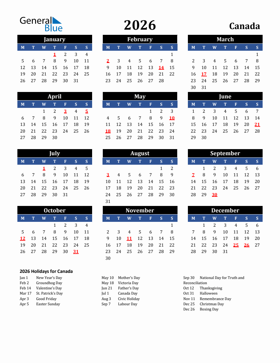 2026 Canada Holiday Calendar Monday Start