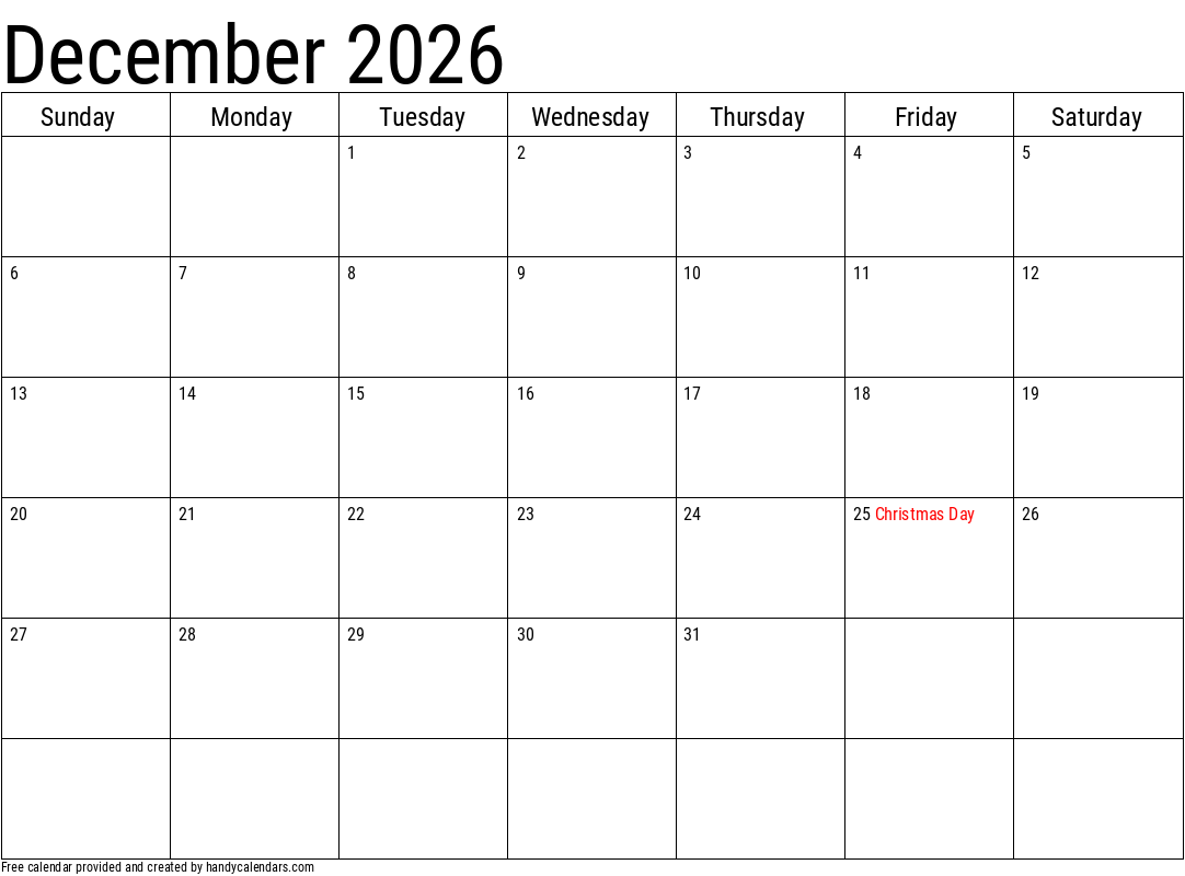Printable Calendar December 2026 With Holidays