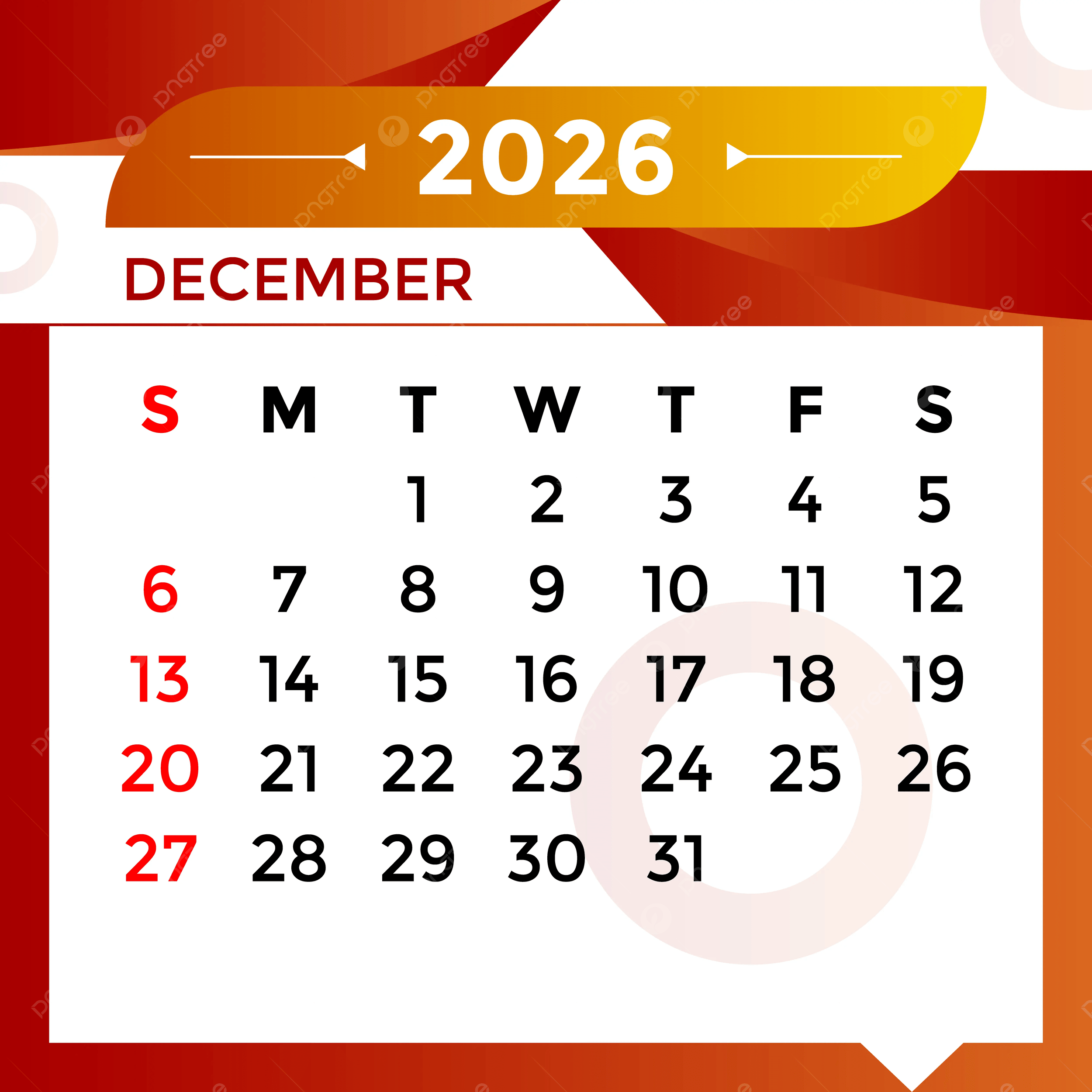 2026 December Month Calendar Vector Template Download On Pngtree