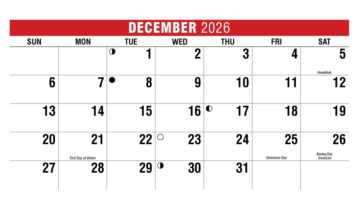 Printable December 2026 Calendar Canada