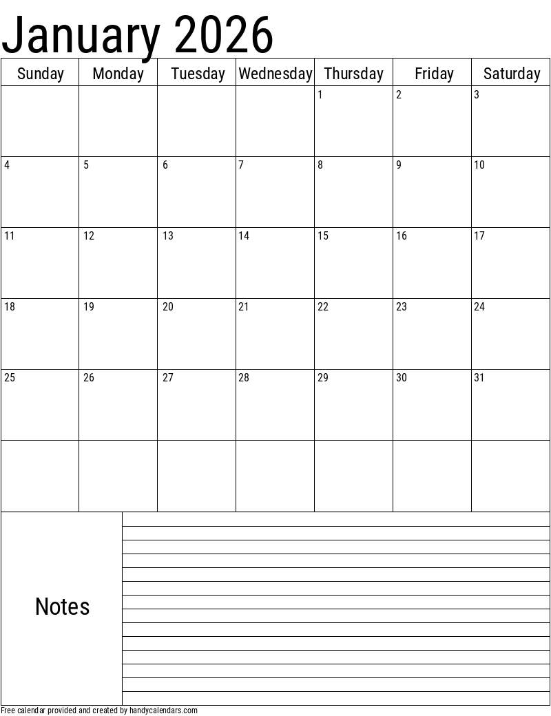 Calendar Jan To December Printable 2026