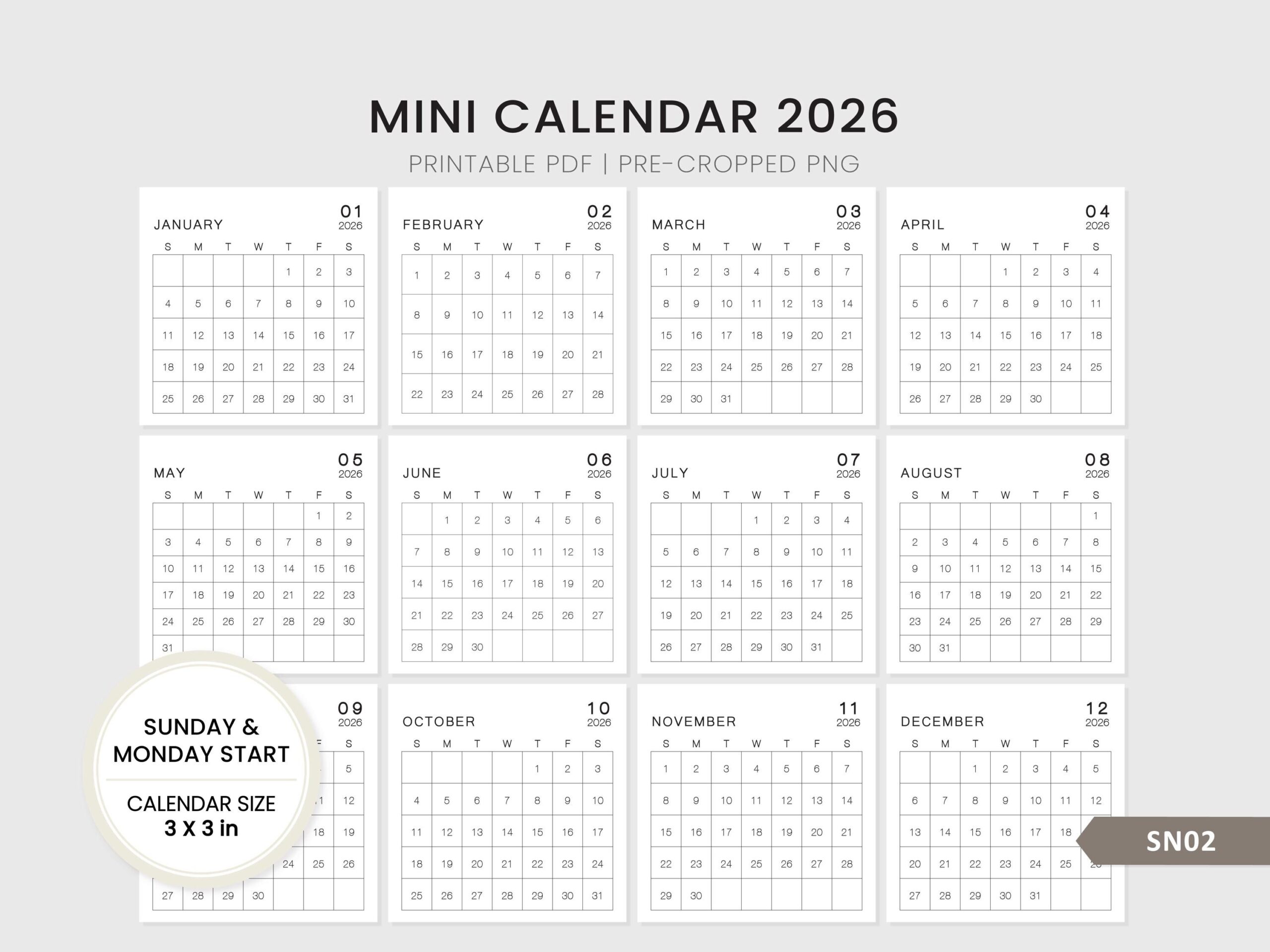 2026 Mini Calendar 3x3 Printable Planner Card PDF amp PNG 