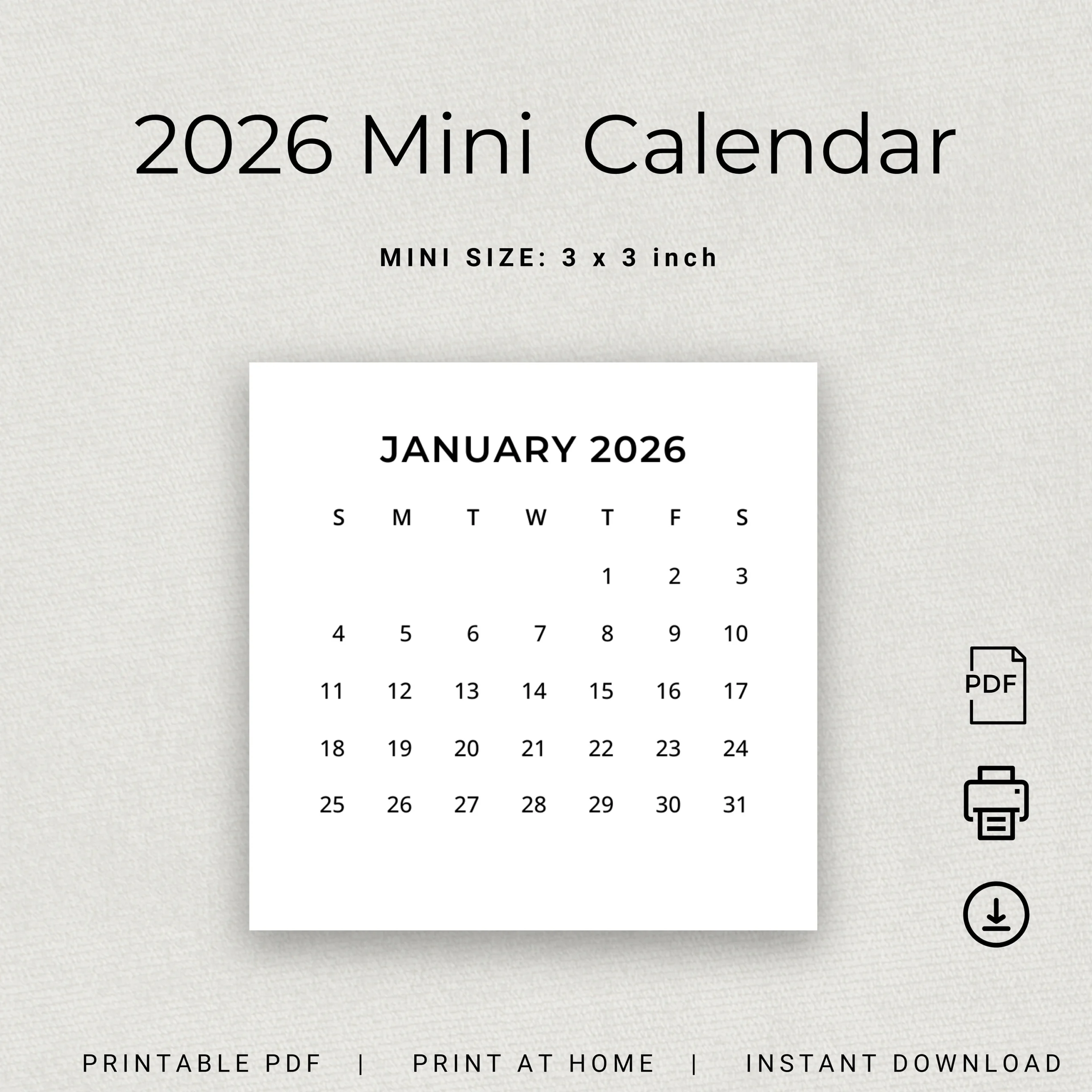 2026 Minikalender 2026 Kleiner Kalender Printable 2026 