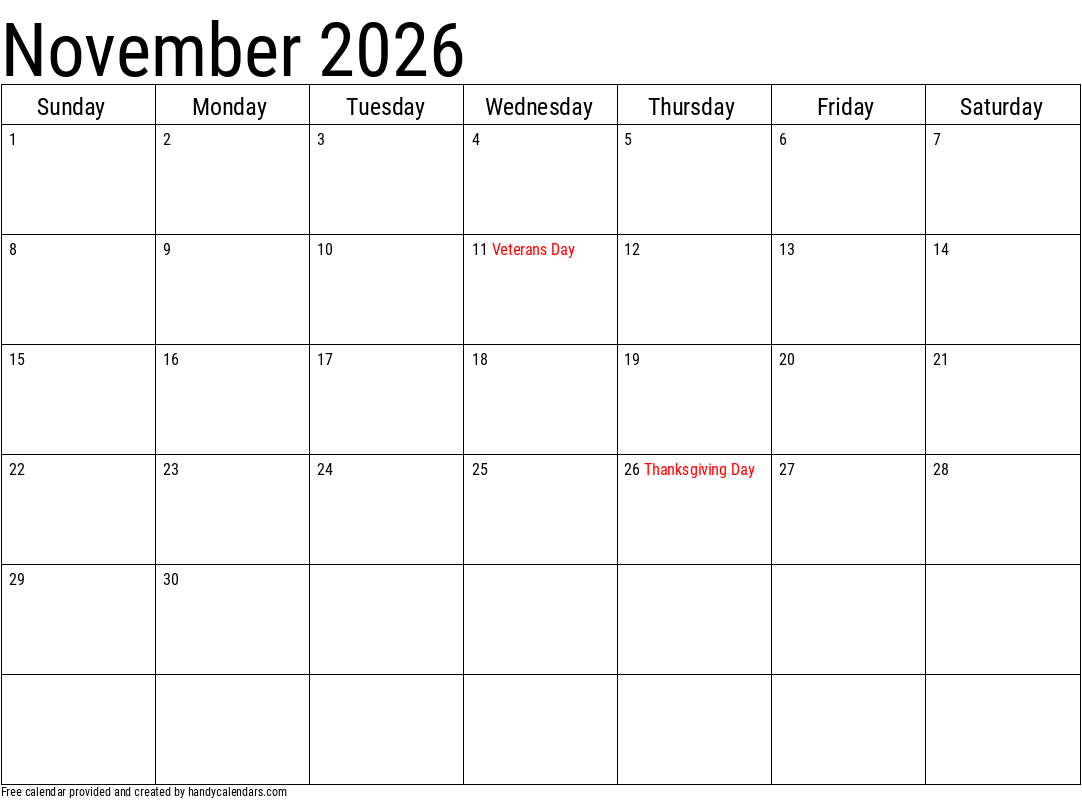 November 2026 Calendar Printable Calender