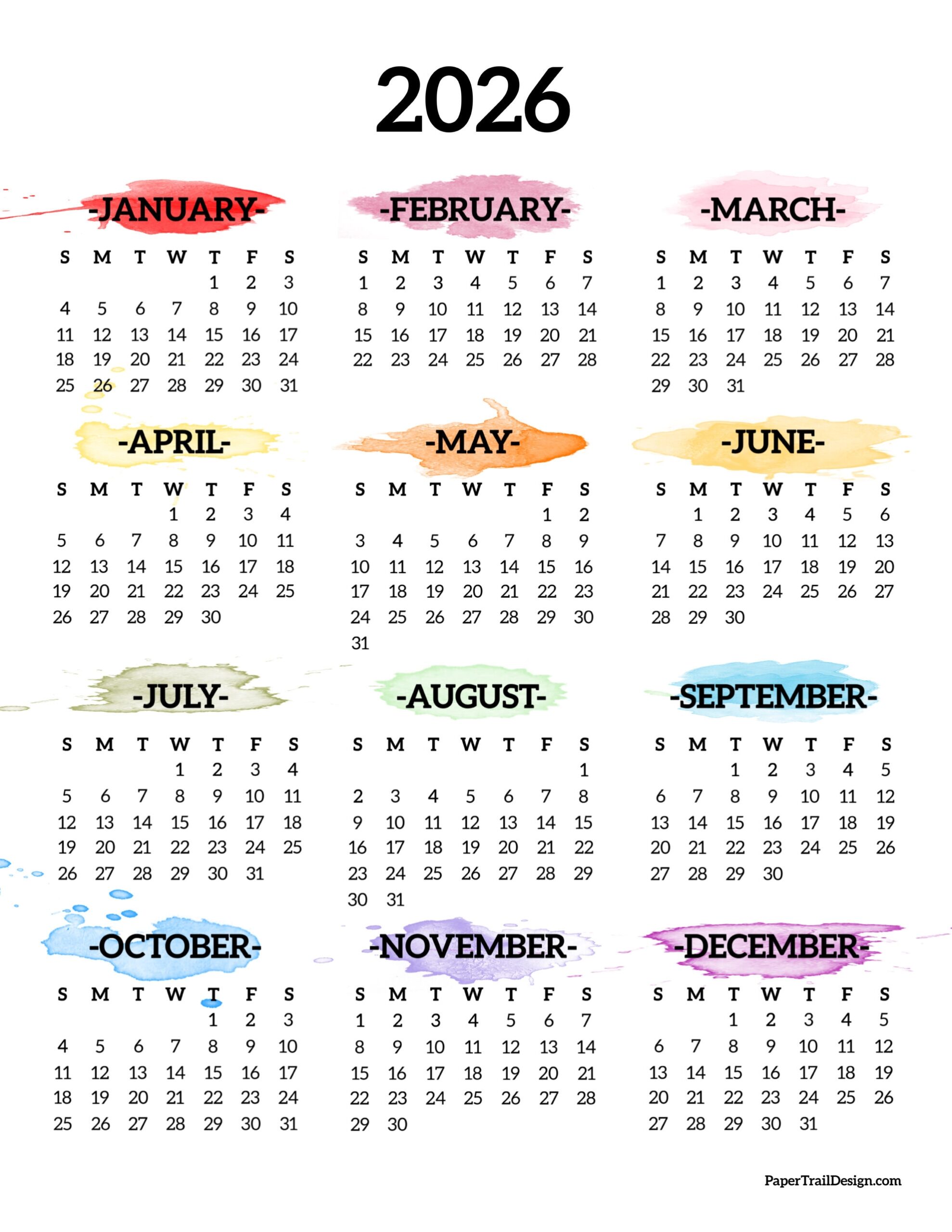 2026 Blank Year Calendar Printable Free