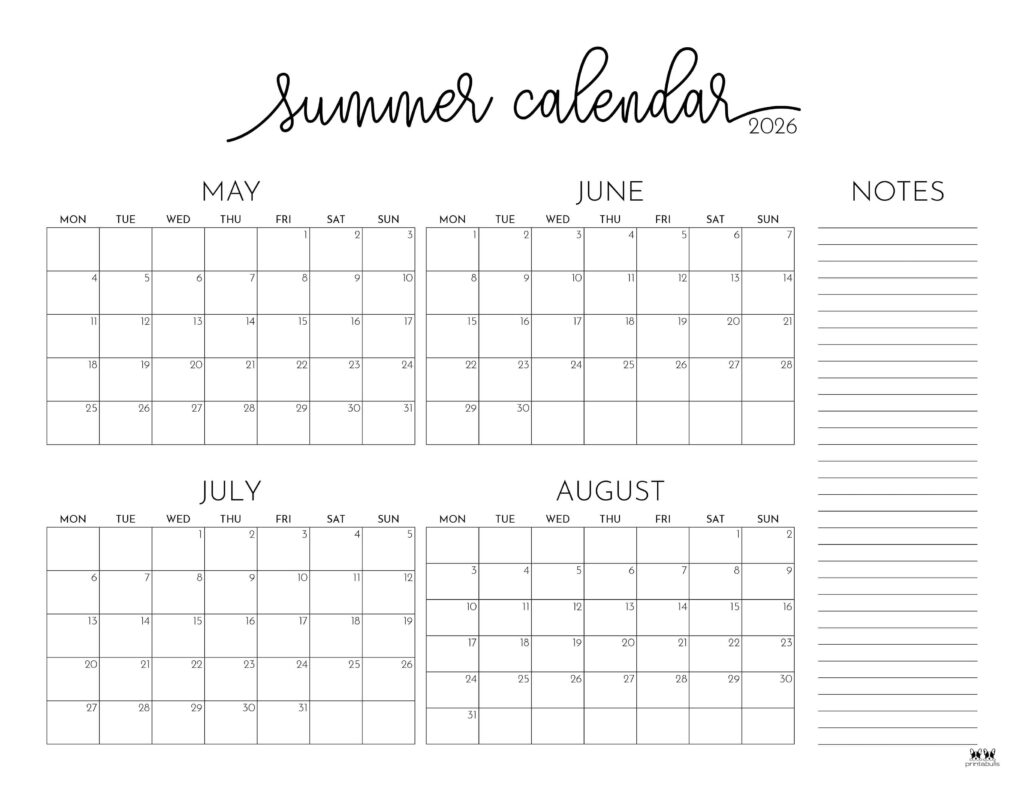 2026 Summer Calendars 31 FREE Printables Printabulls
