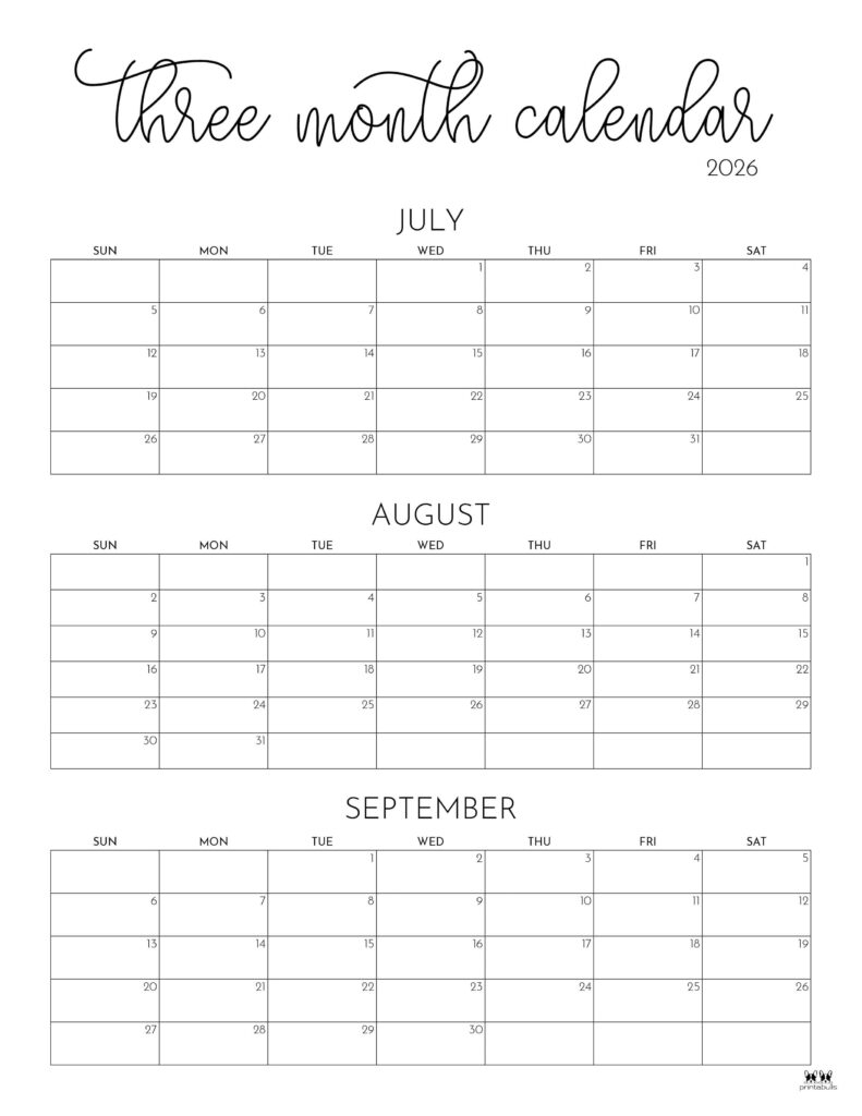 2026 Three Month Quarterly Calendars 36 FREE Cals Printabulls