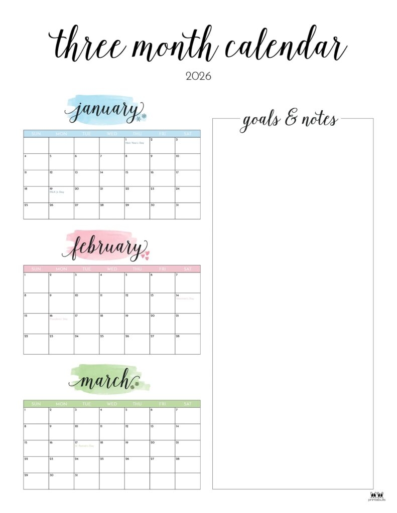 2026 Three Month Quarterly Calendars 36 FREE Cals Printabulls