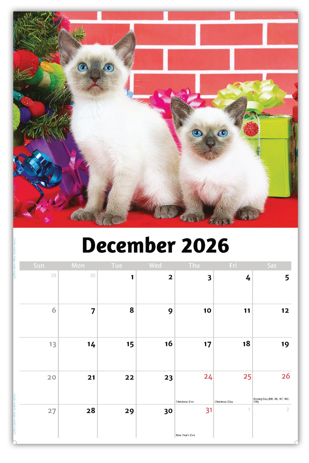 Printable Calendar 2026 Kitten December