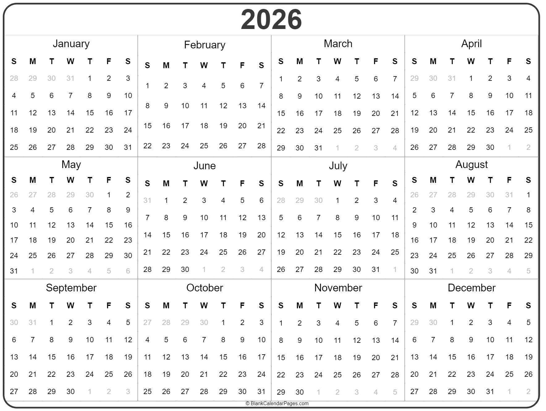 Blank Calendar Templates 2026