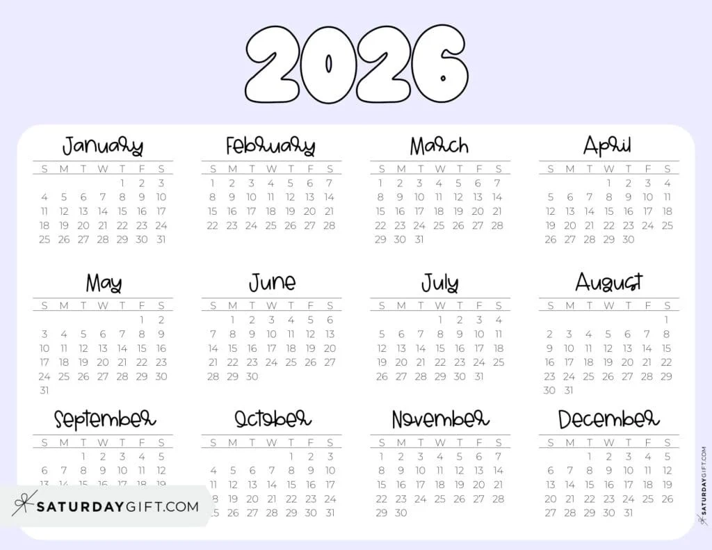 2026 Horizontal Calendar Printable