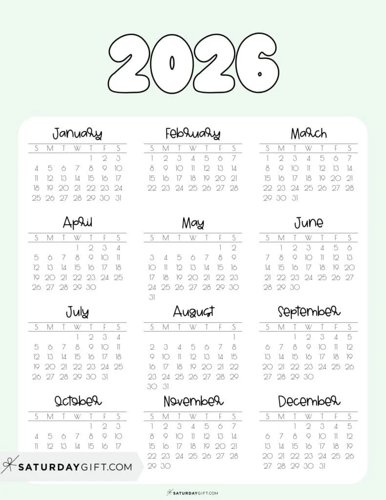 2026 Single Page Calendar Printable
