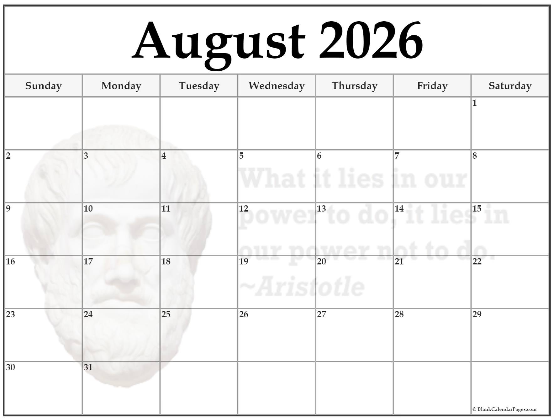 Printable Calendar August 2026 Blank