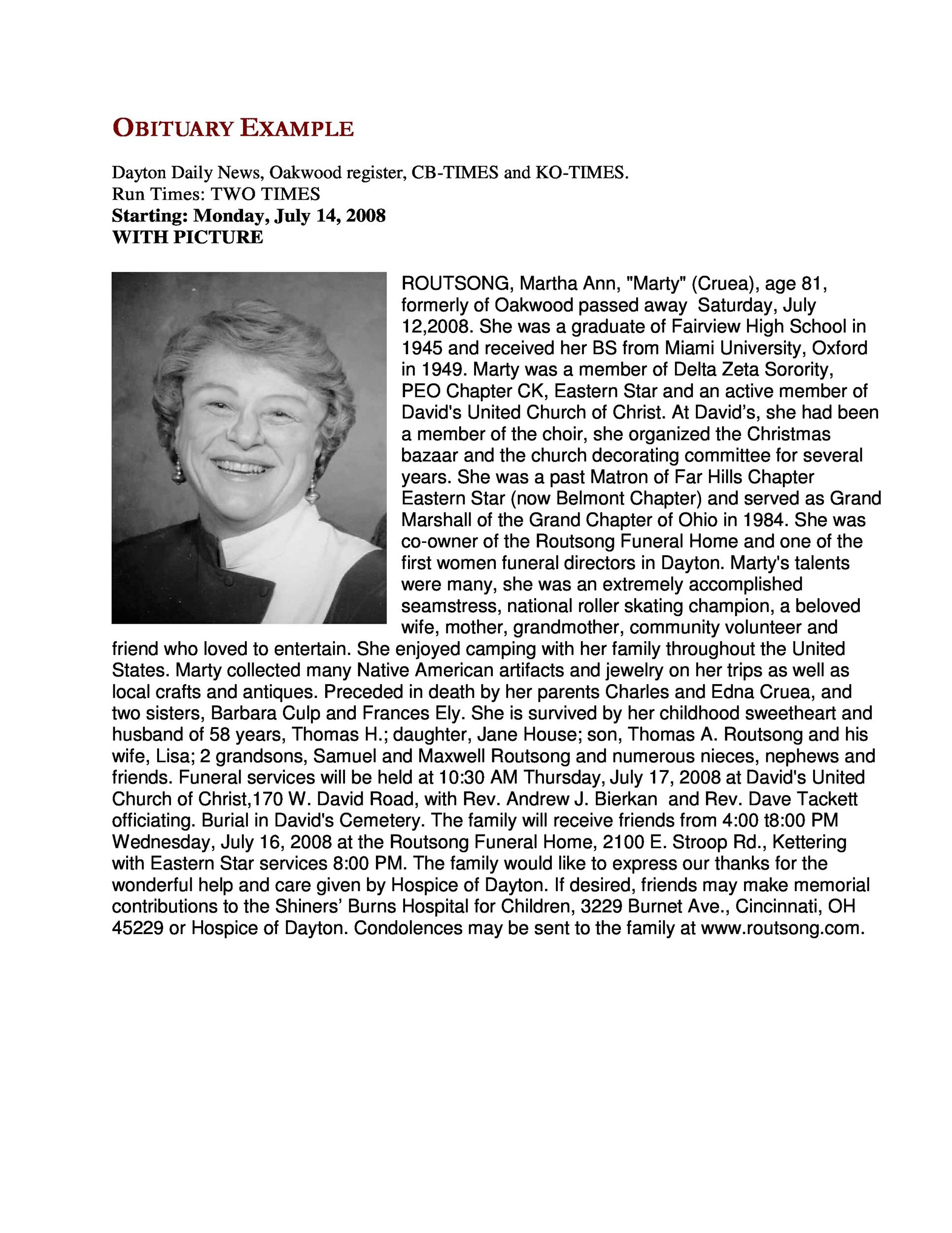 Form To Write An Obituary