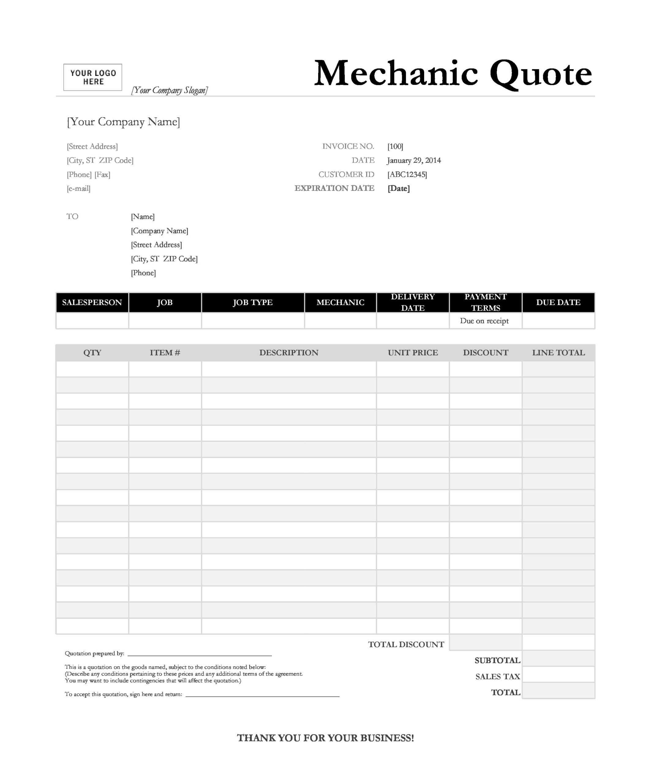 Downloadable Free Printable Auto Repair Invoice Template