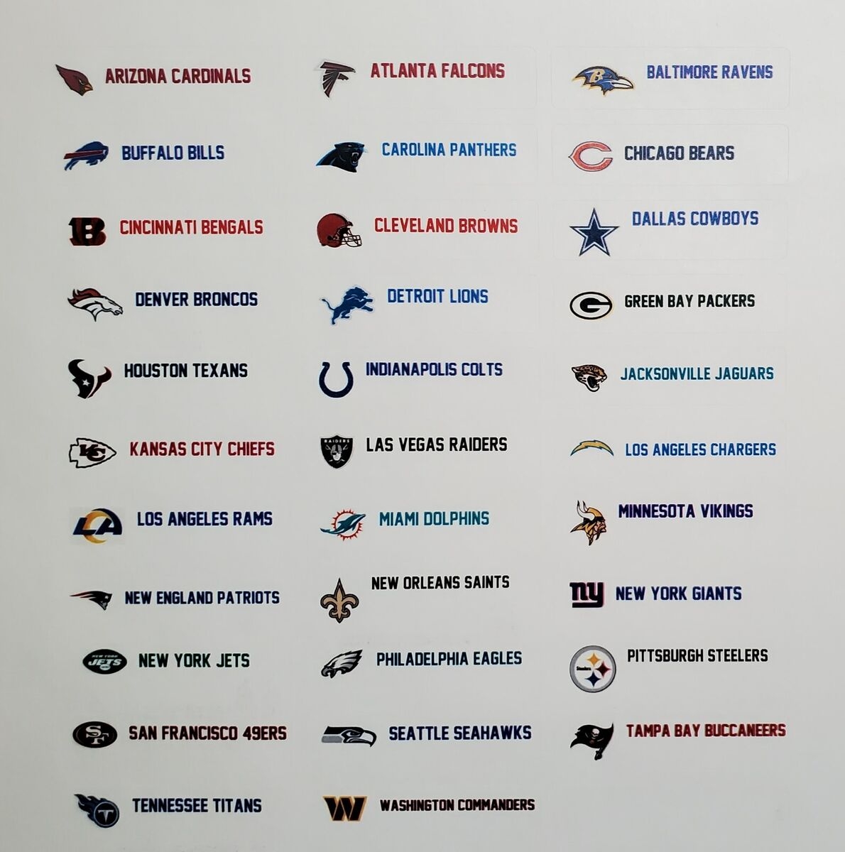 All Nfl Teams Printable