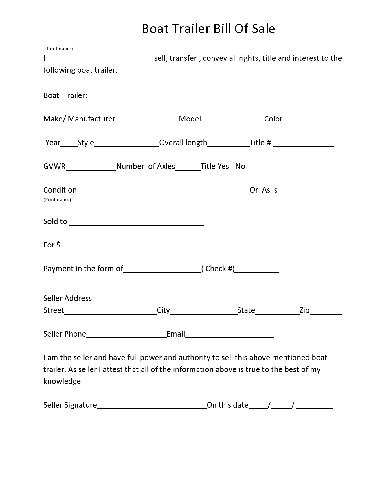 Boat Trailer Bill Of Sale Form Free Printable
