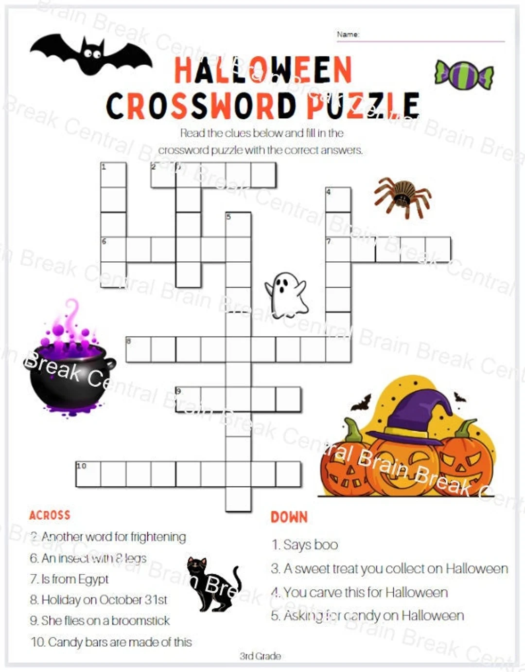 3rd Grade Halloween Crossword Puzzle With Answer Key Etsy Ireland