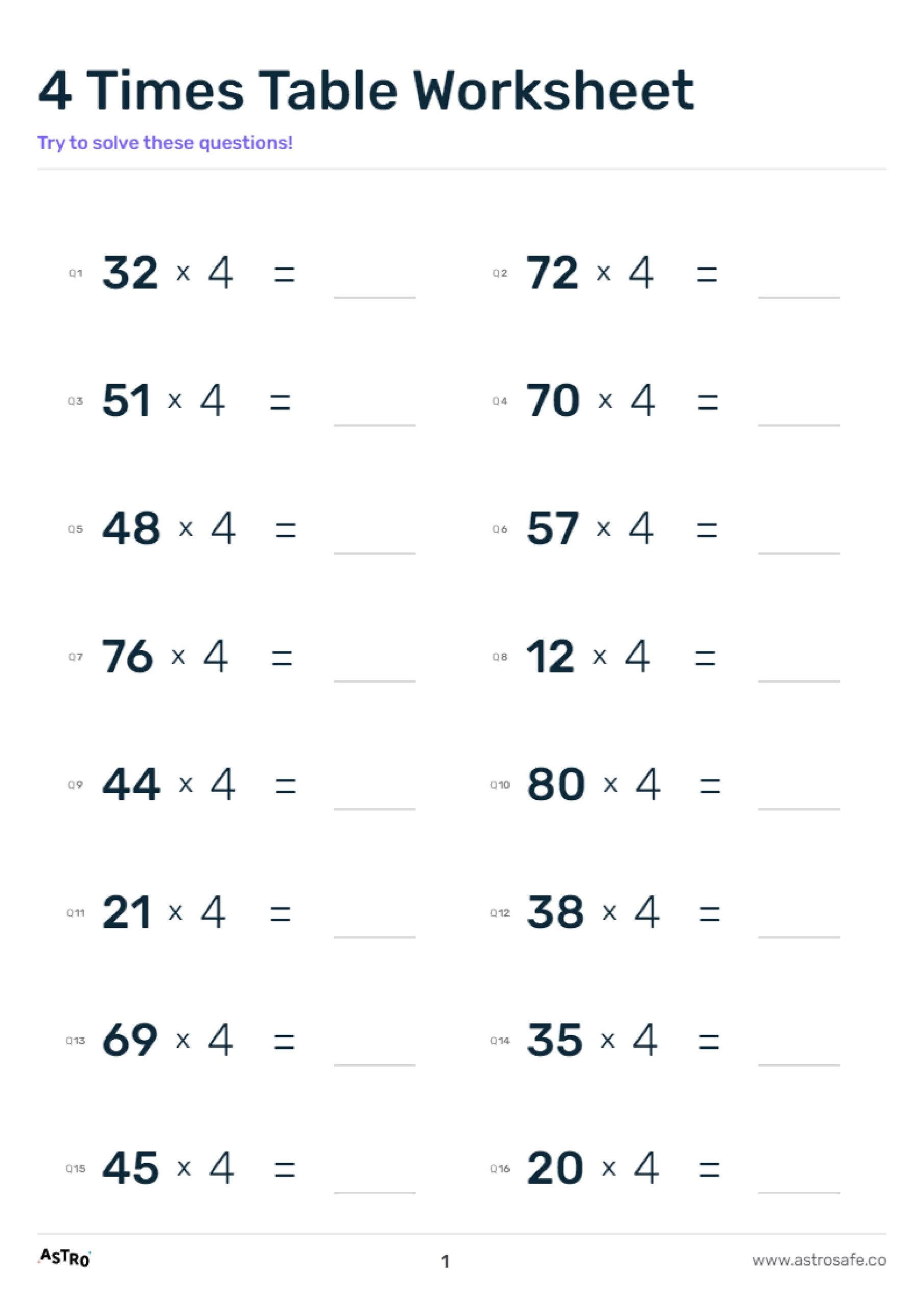 4 Times Table Worksheet Printable
