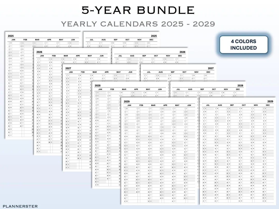 5 year Calendar Bundle 2025 2029 Printable Yearly Planners 4 