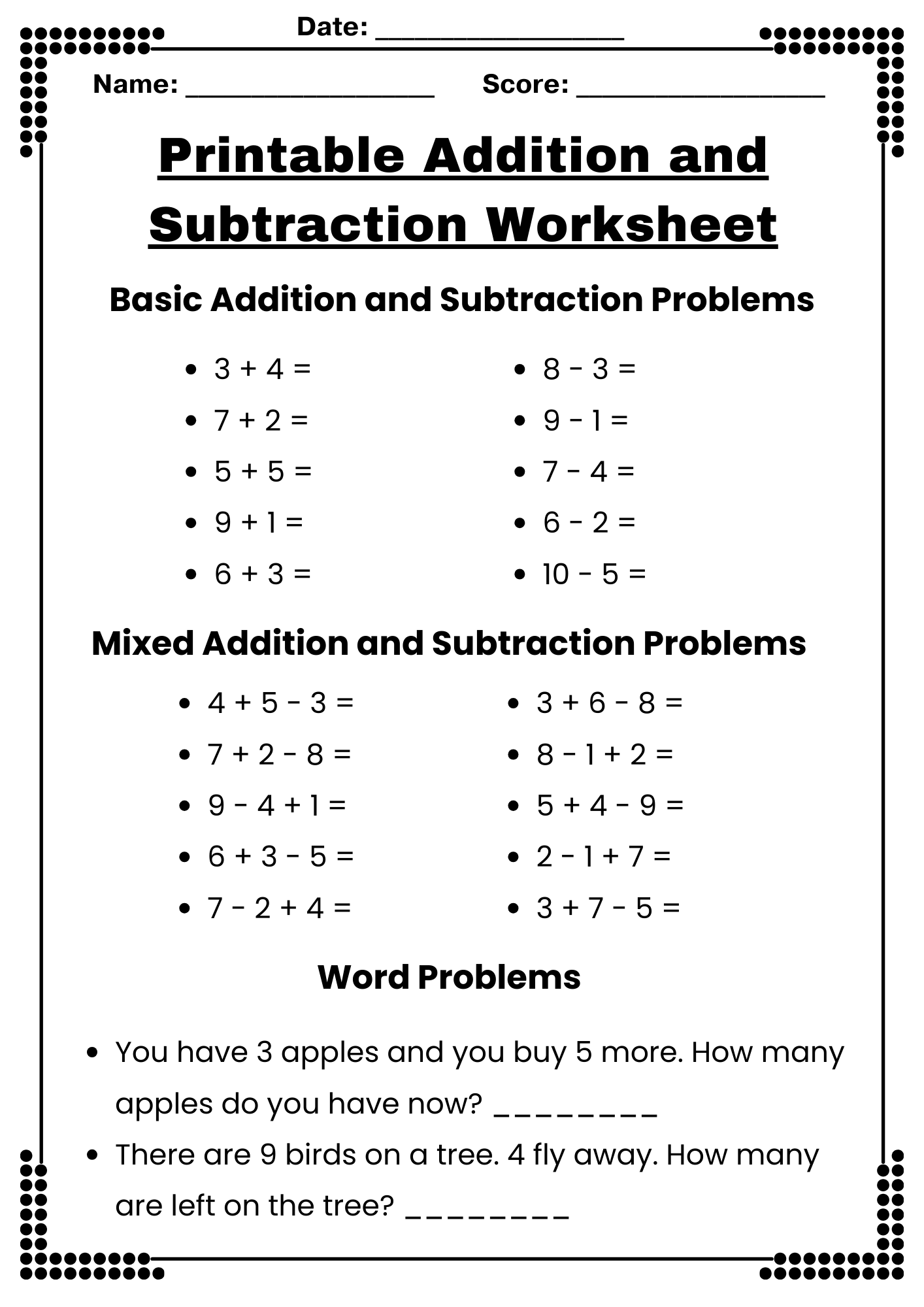 Free Printable Addition And Subtraction Worksheets
