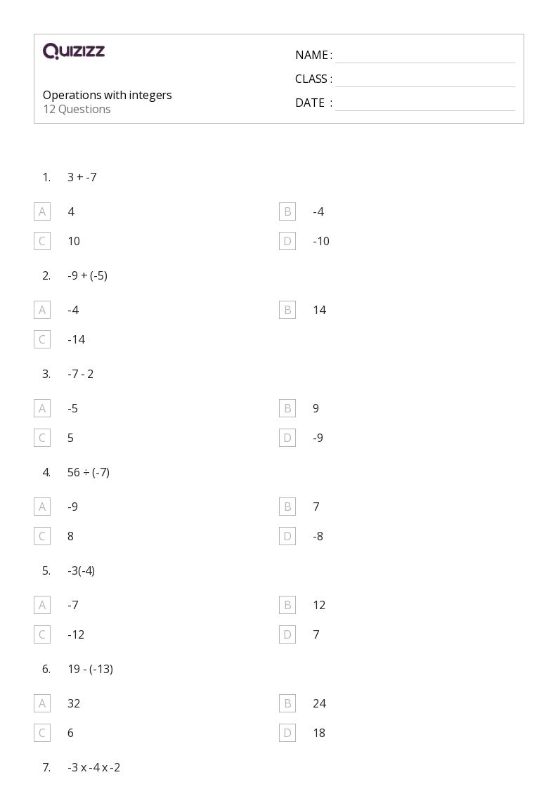 50 Operations With Integers Worksheets For 7th Grade On Quizizz 