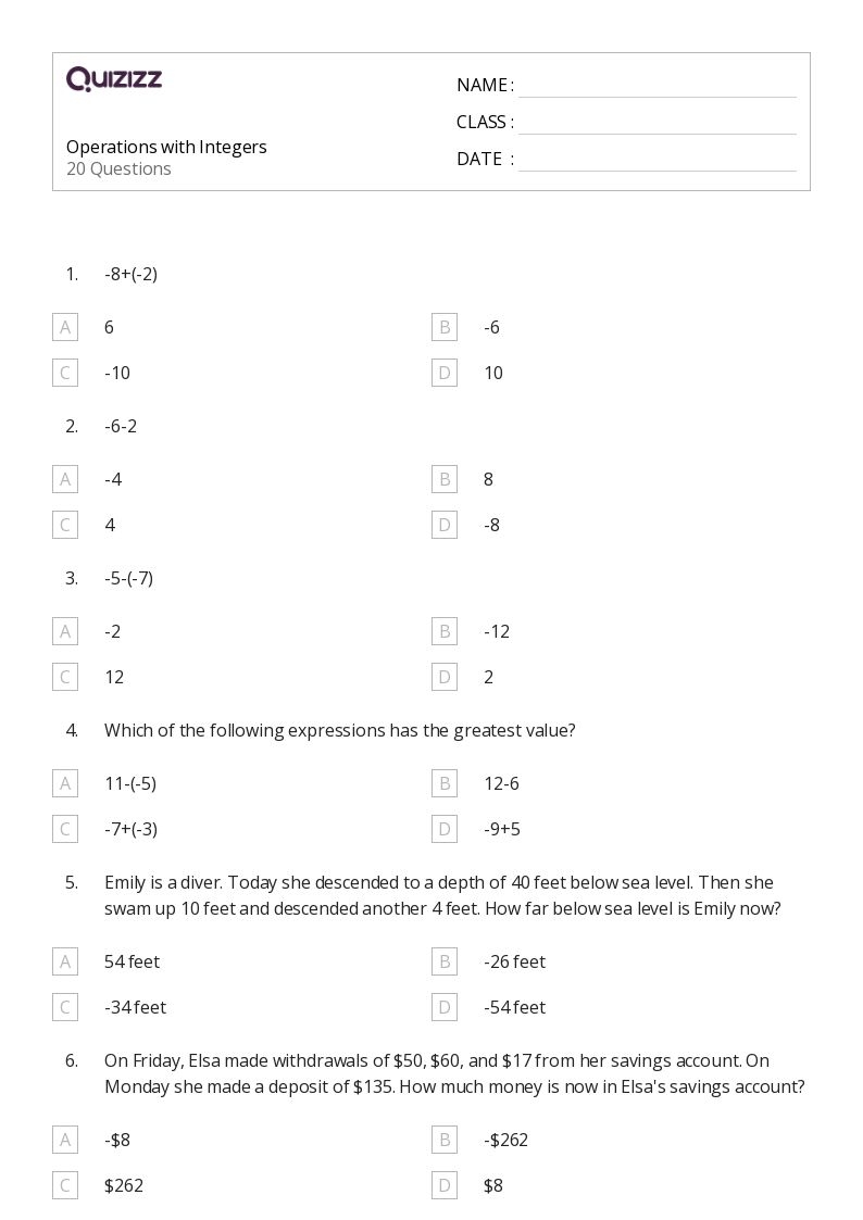 50 Operations With Integers Worksheets For 7th Grade On Quizizz 