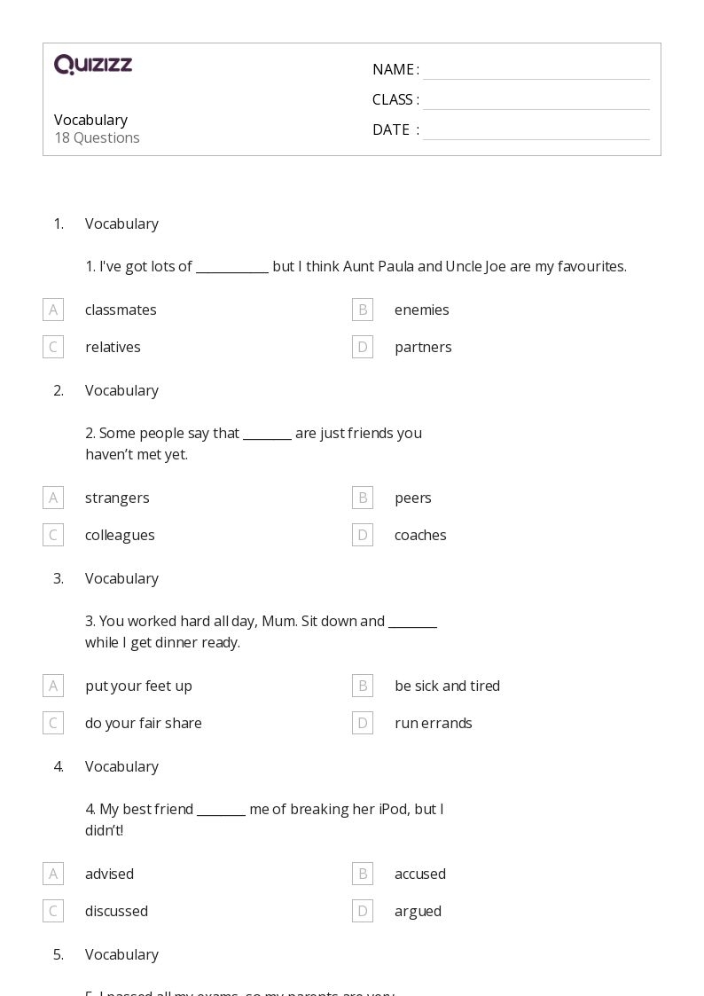 50 Vocabulary Worksheets For 8th Class On Quizizz Free amp Printable
