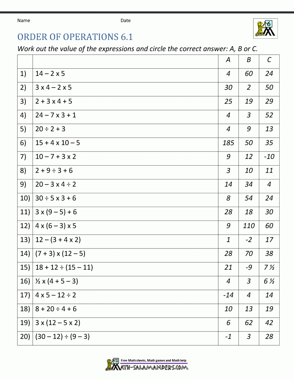 6th Grade Math Printable Worksheets