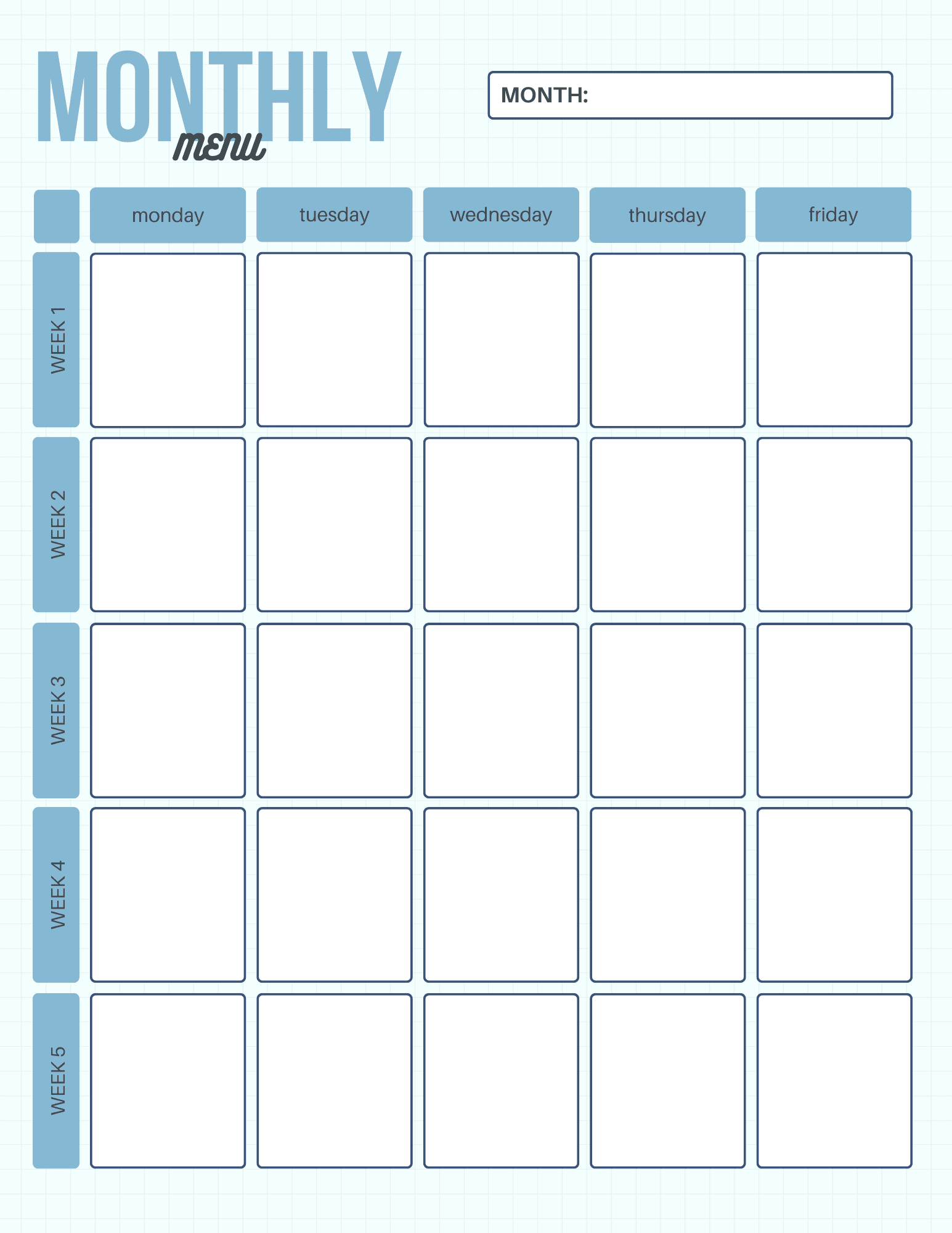 Blank Meal Calendar Months Printable